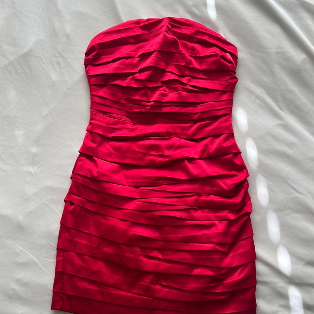 Express Red Strapless Ruched Satin Dress